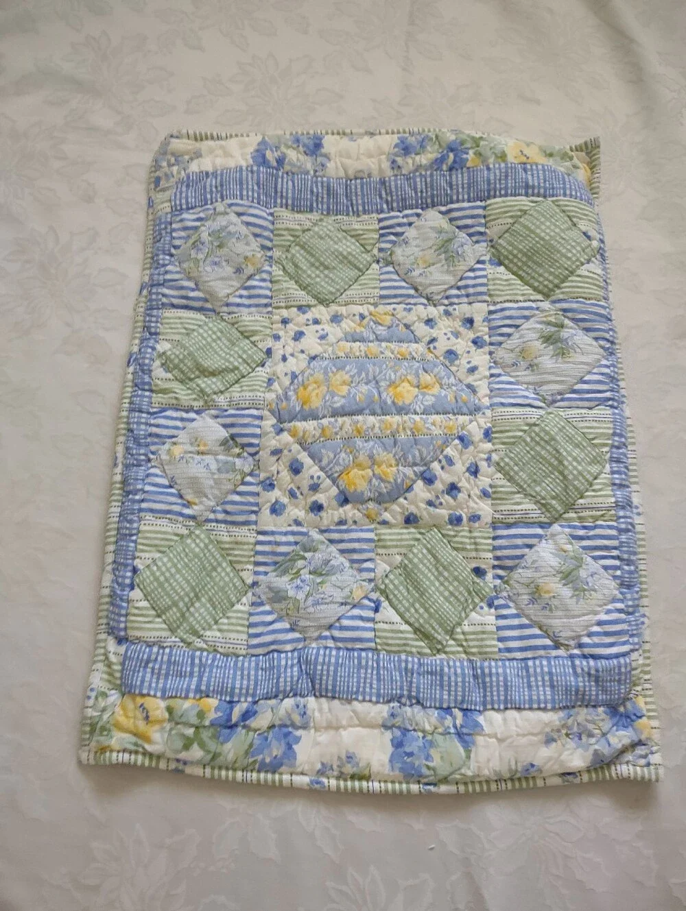 Quilted Standard Pillow Sham Blue Green Floral Cottagecore Romantic Garden